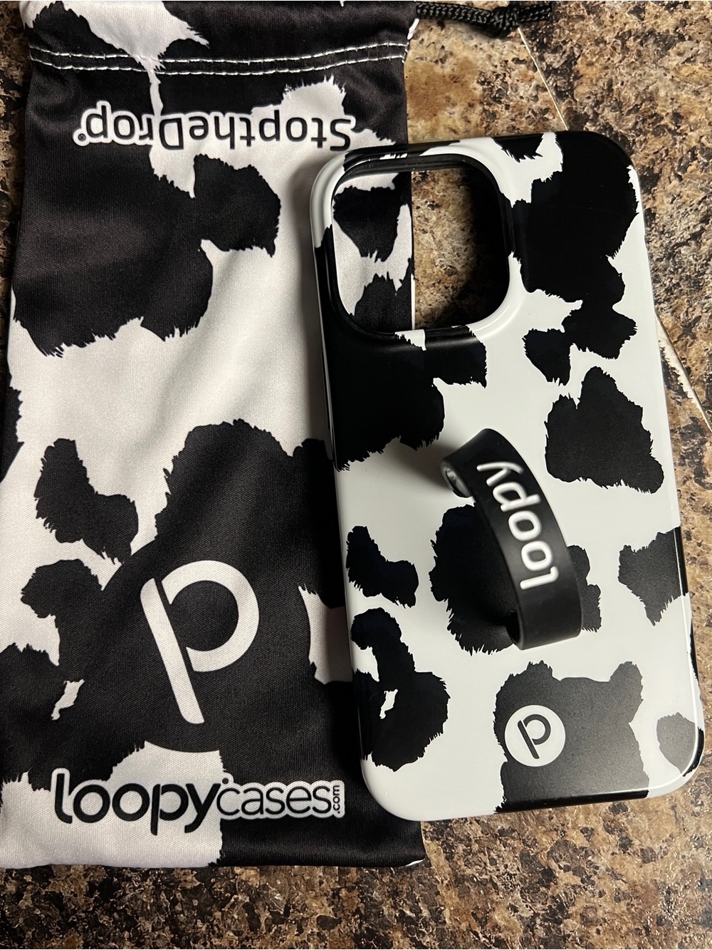 iPhone 13 Pro Loopy Case Black & White Cow Print Phone Case with Loopy Grip